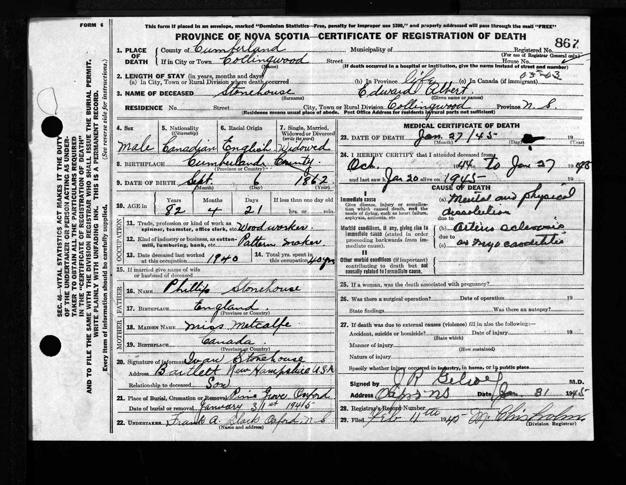 Albert Edward Stonehouse- Registration of Death