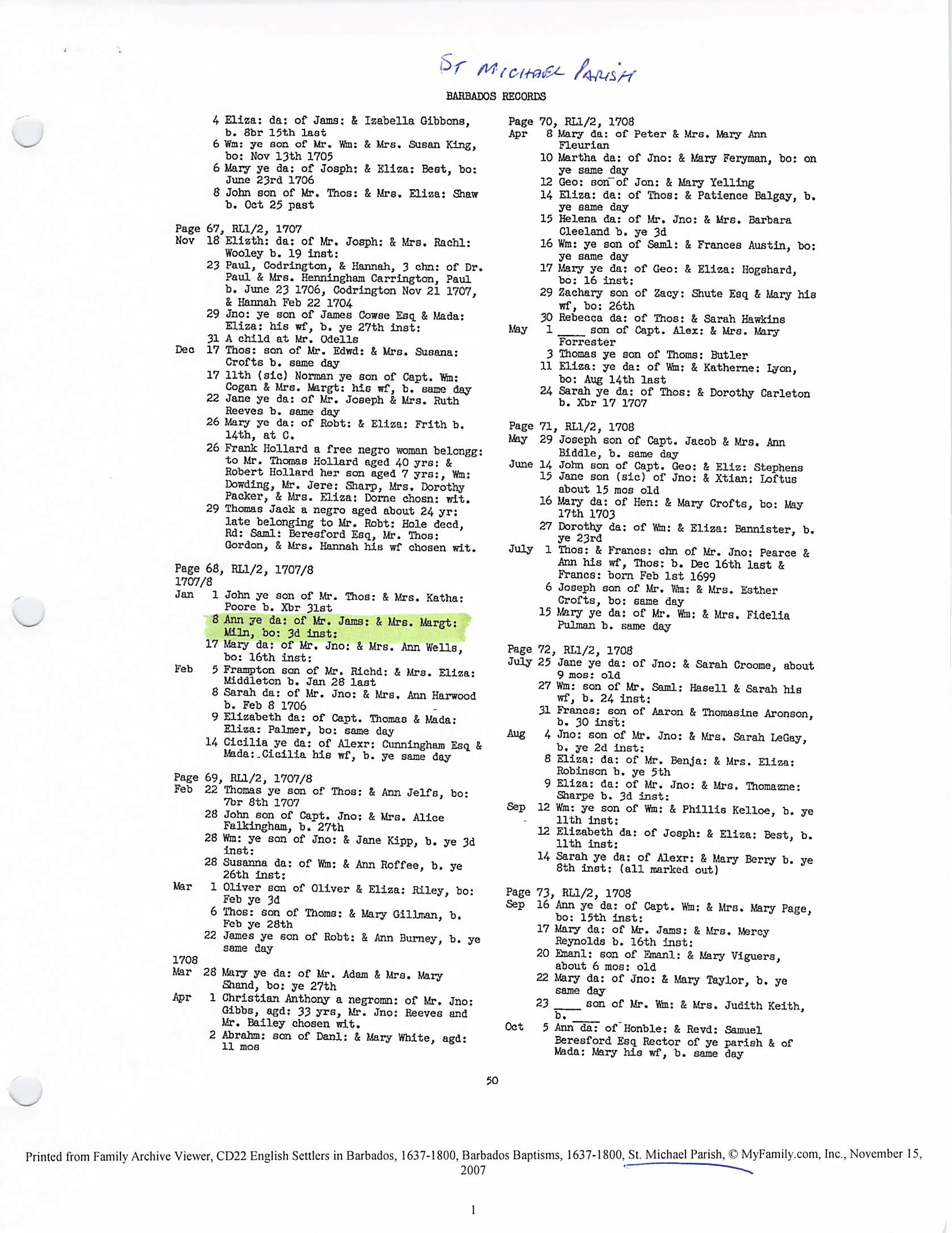 Ann Miln baptism 1708
