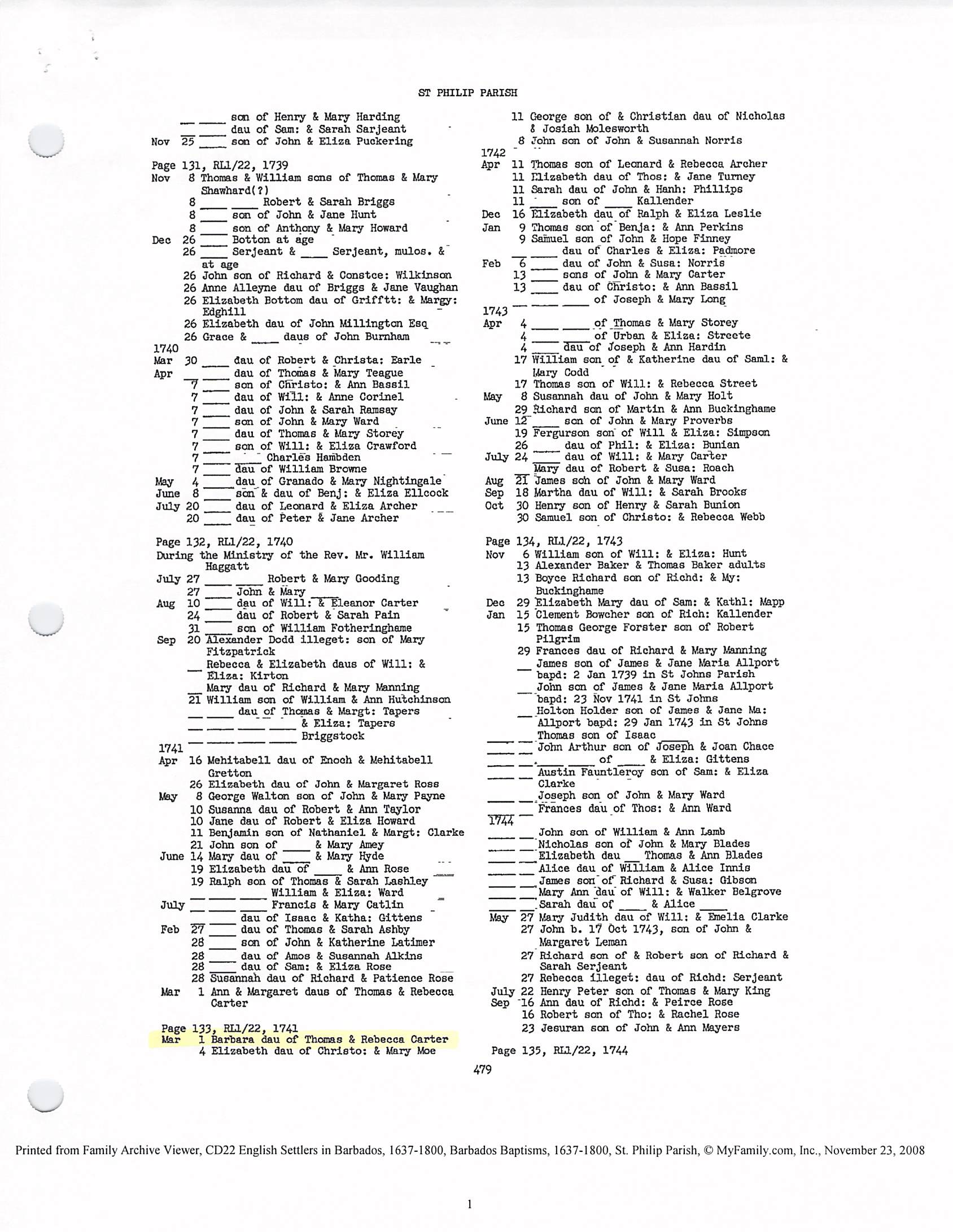 Barbara Carter Baptism 1741