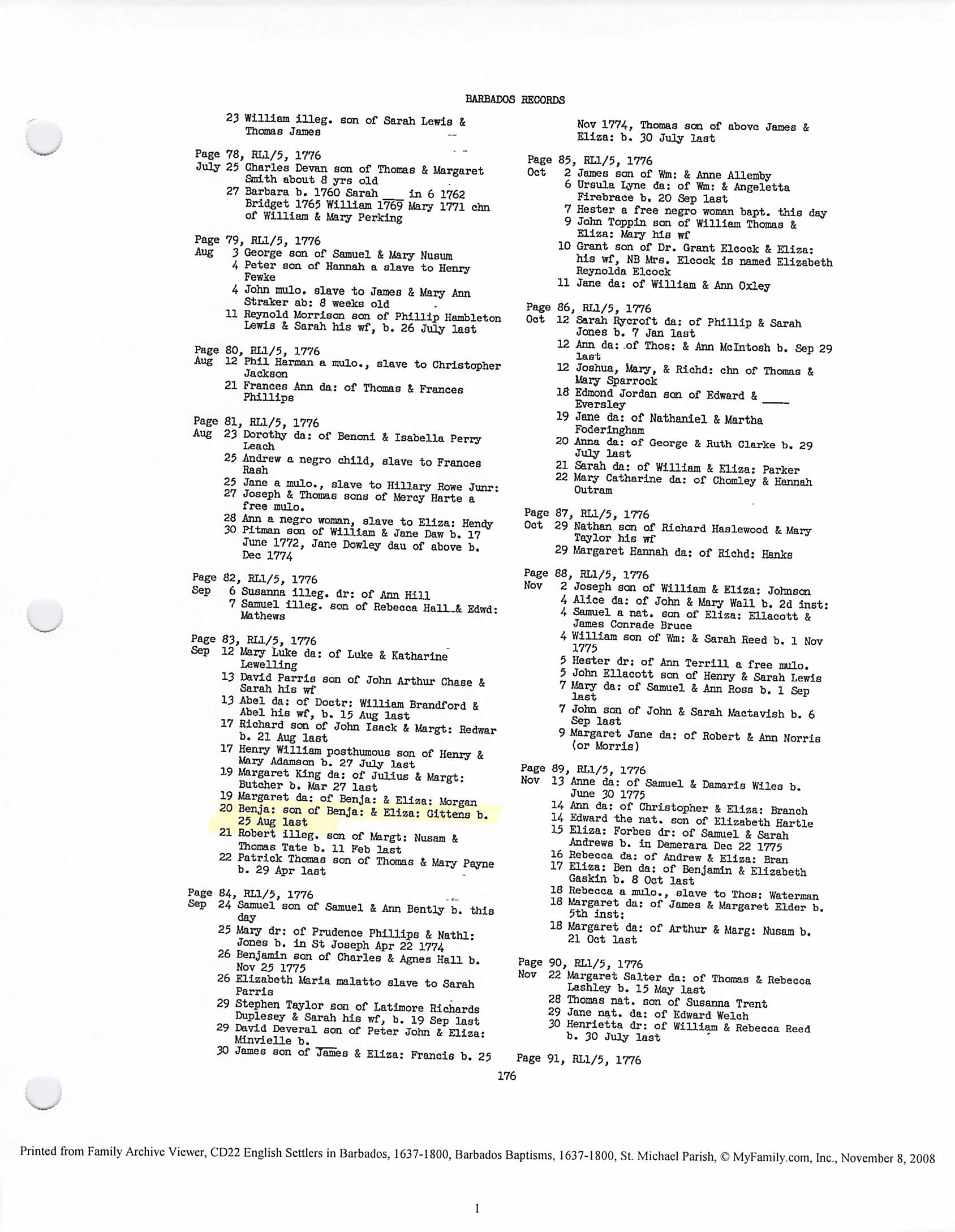 Benjamin Gittens Baptism 1776