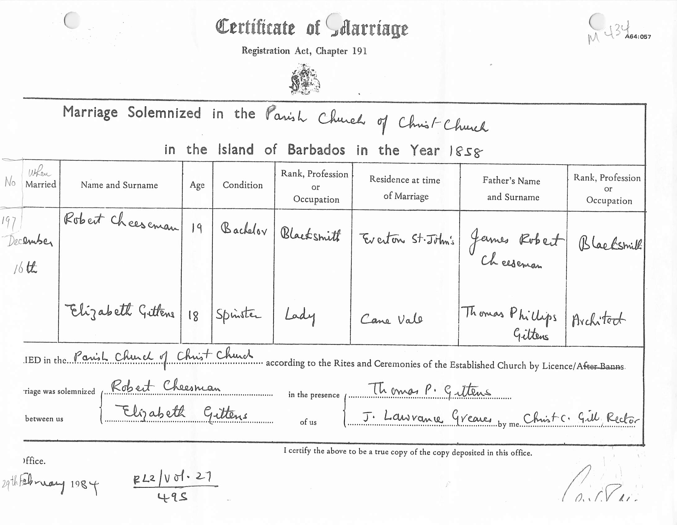 Cheesman - Gittens Marriage 1858
