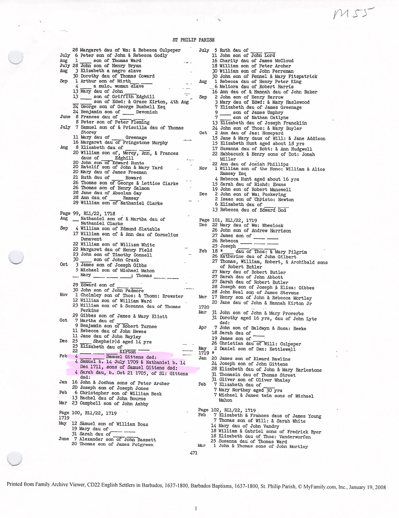 Children of Samual Gittens baptisms 1718