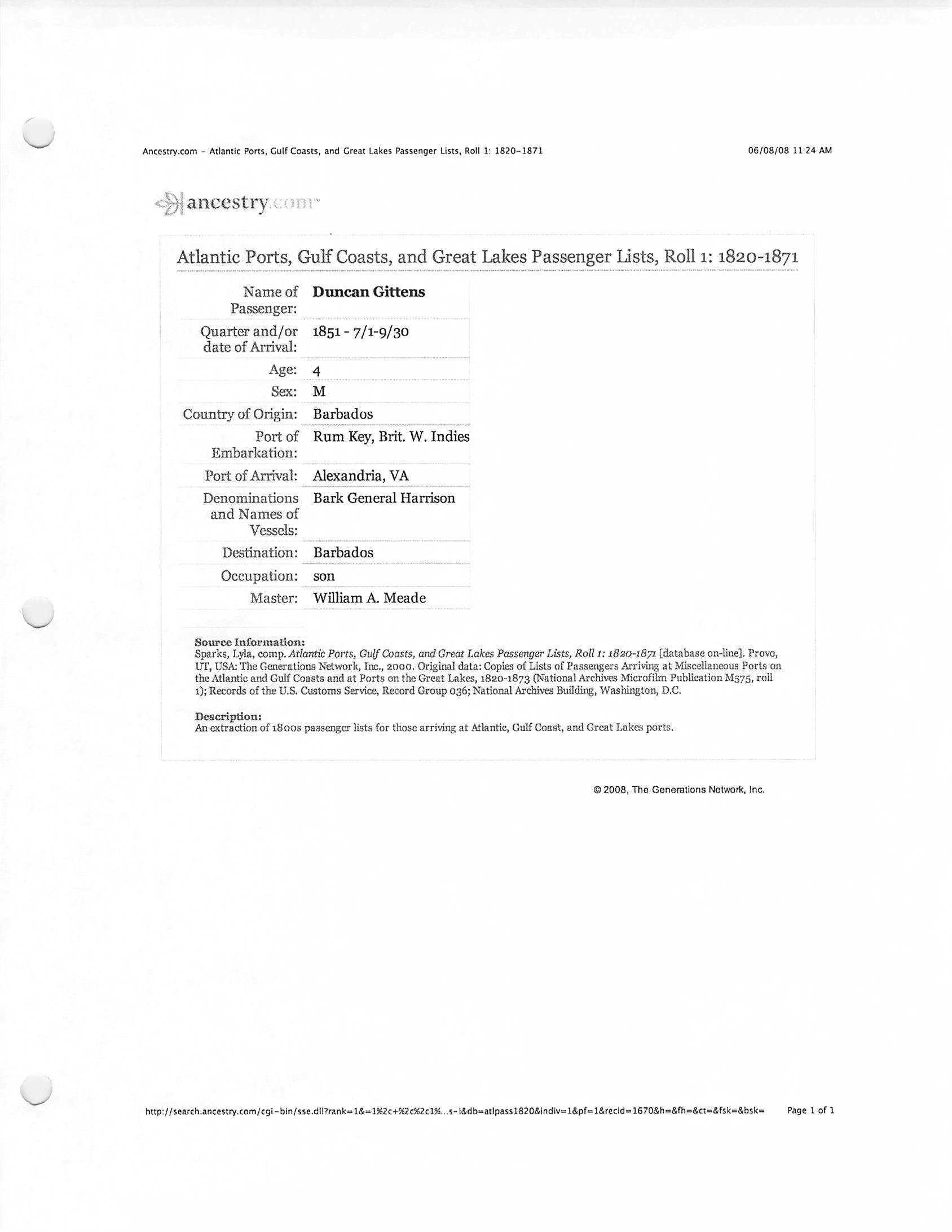 Duncan Gittens son 1851