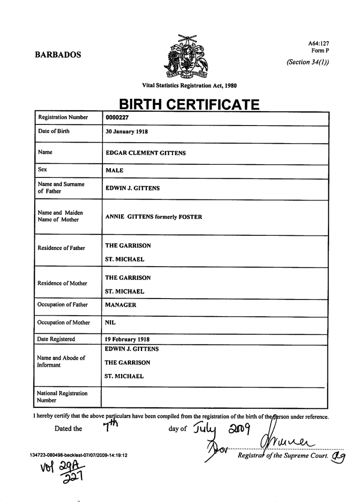 Edgar_Clement_Gittens Birth Certificate