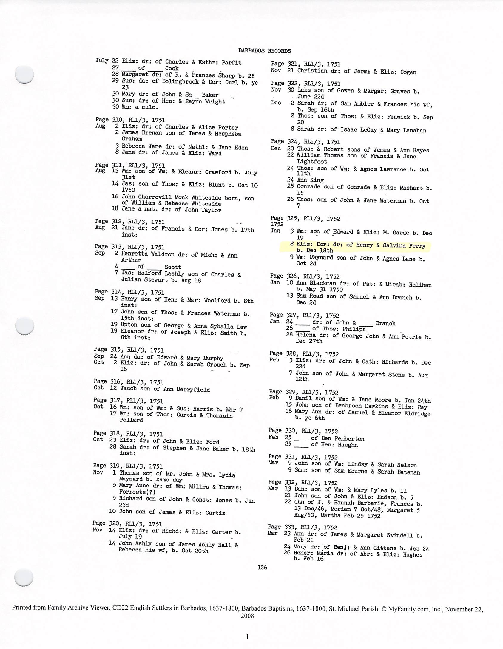Elizabeth Dorothy Perry Baptism 1752