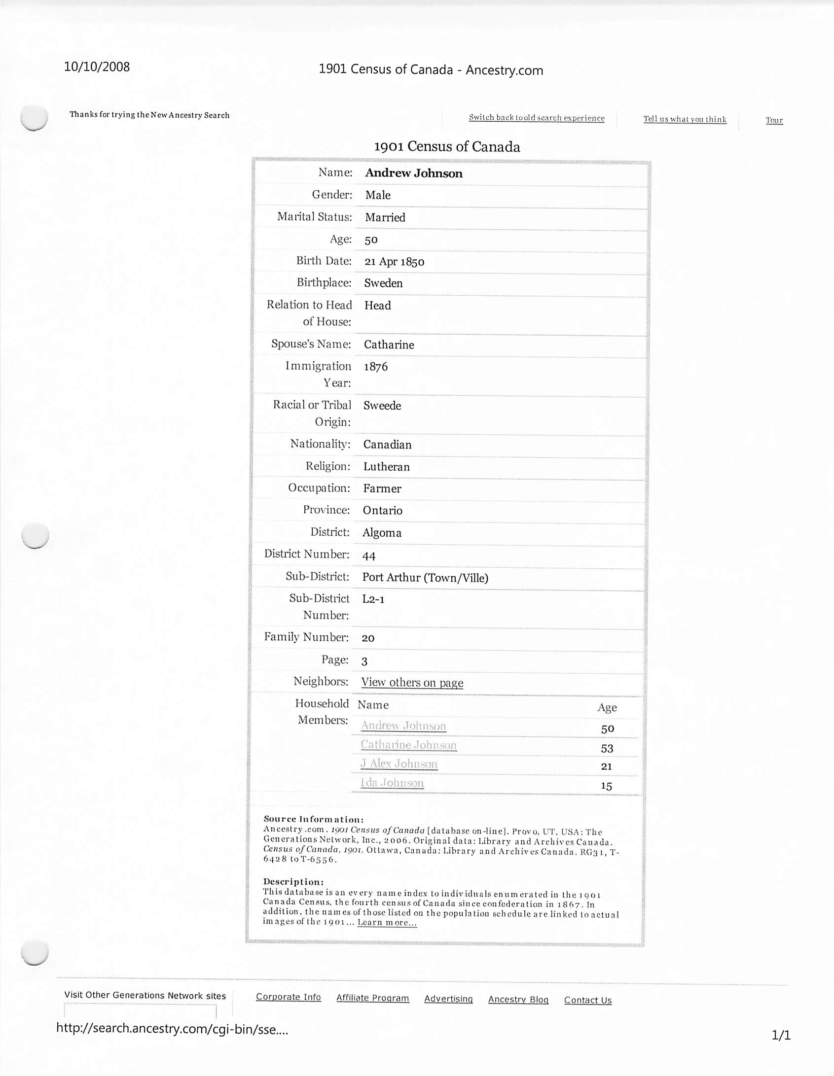 Family of Andrew Johnson 1901 Census