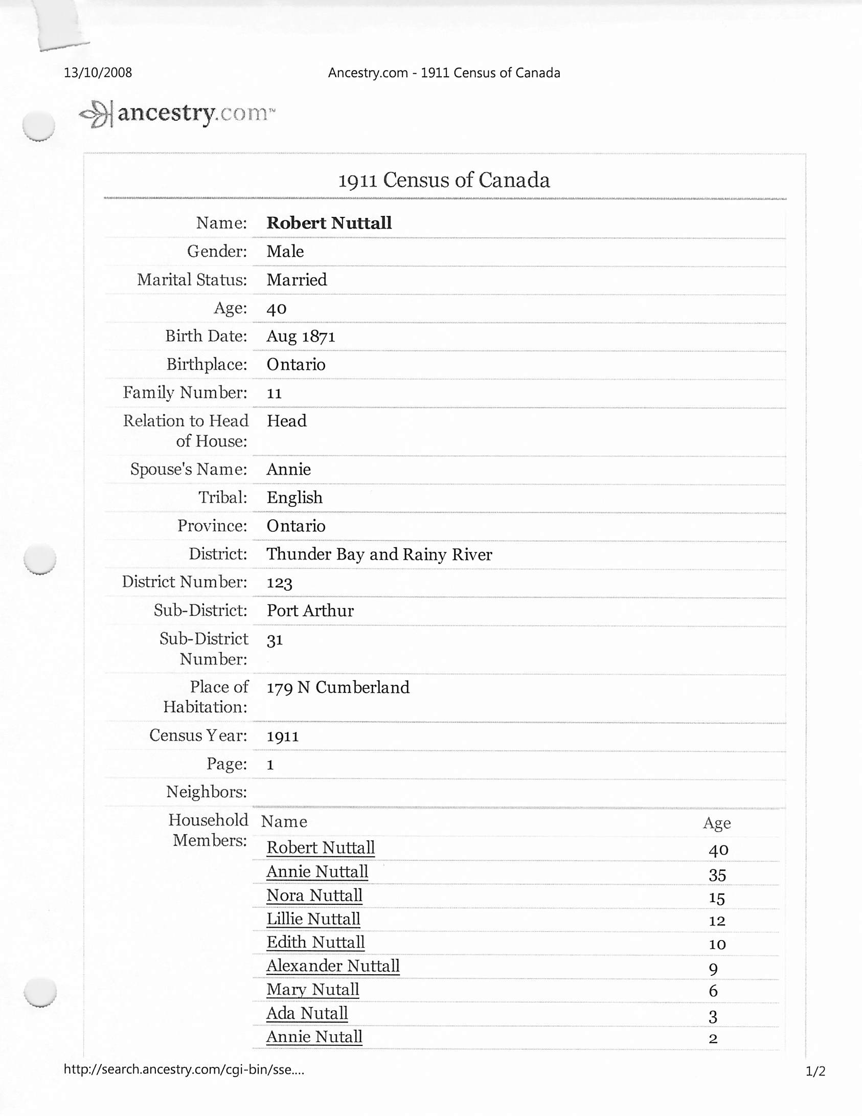 Household of Robert Nuttall Census 1911
