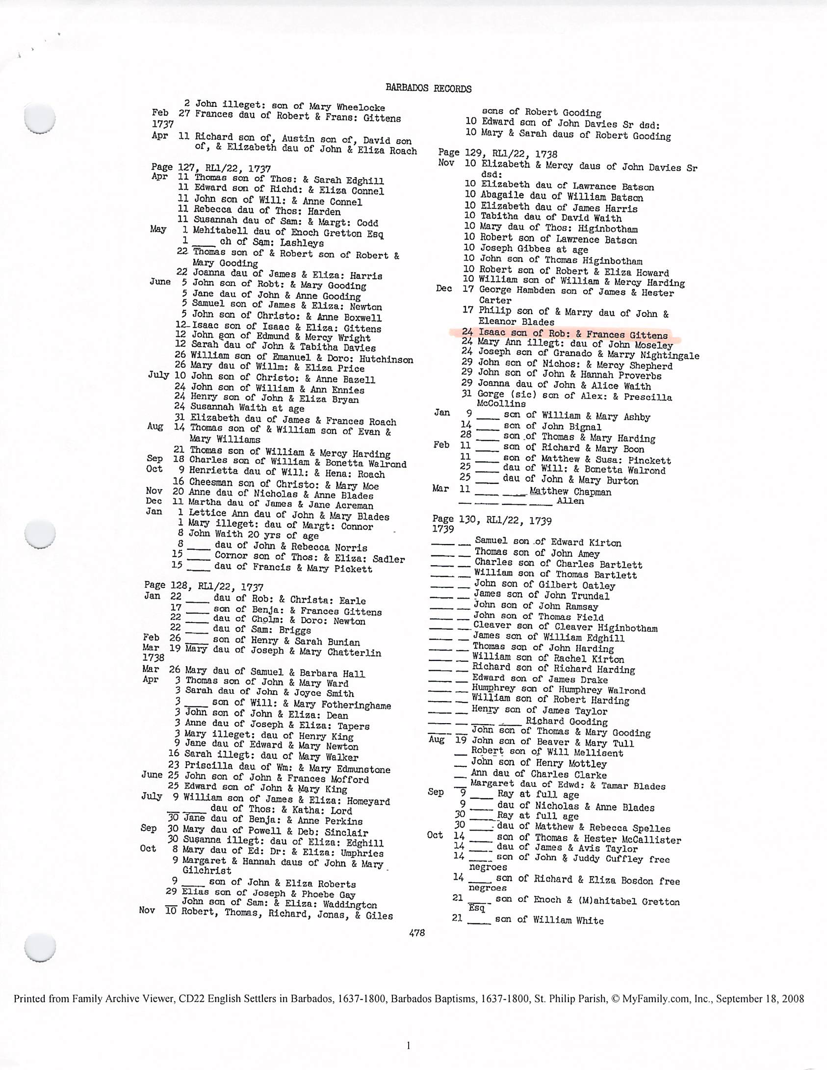 Isaac Gittens baptism 1738