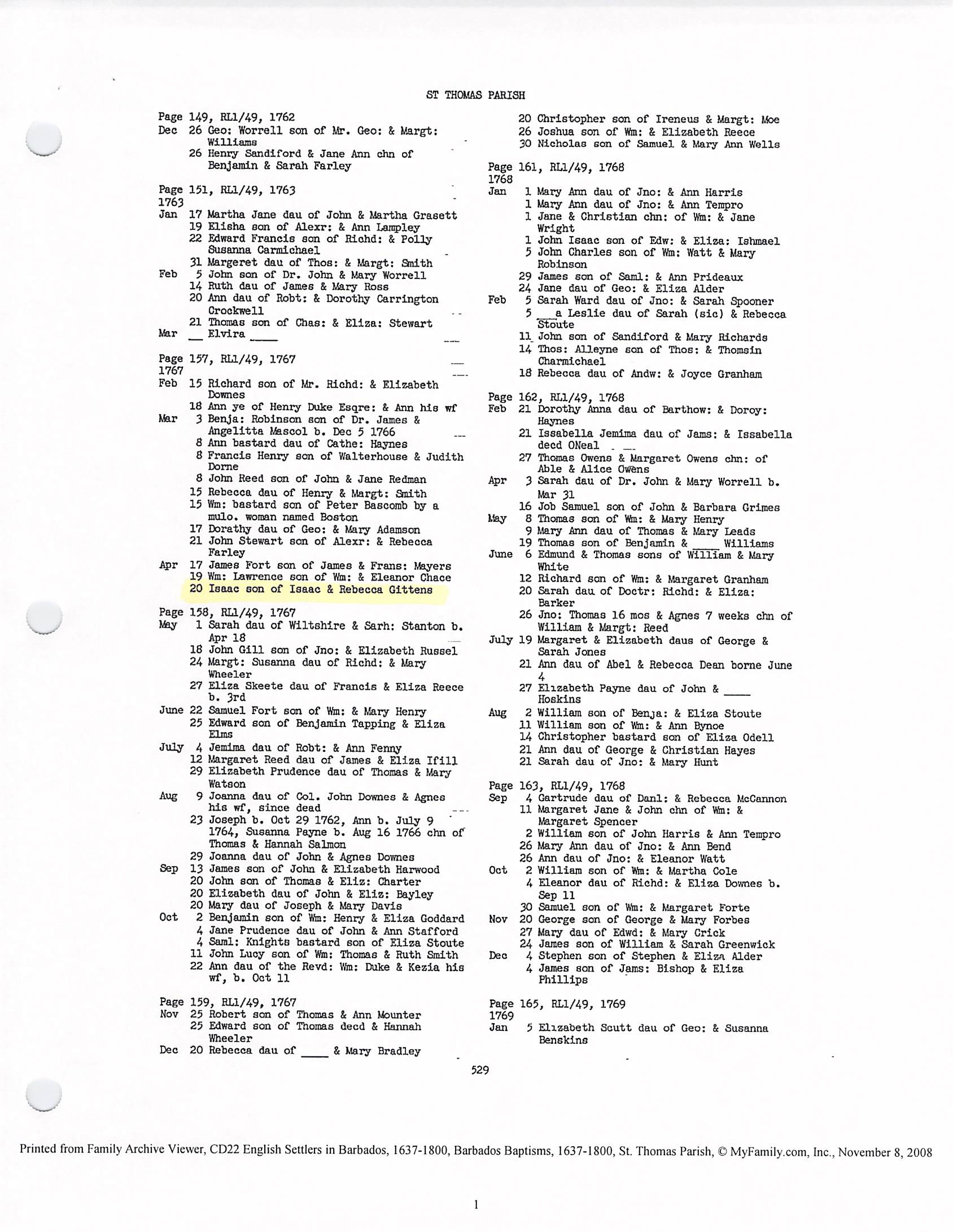 Isaac Gittens baptism 1767