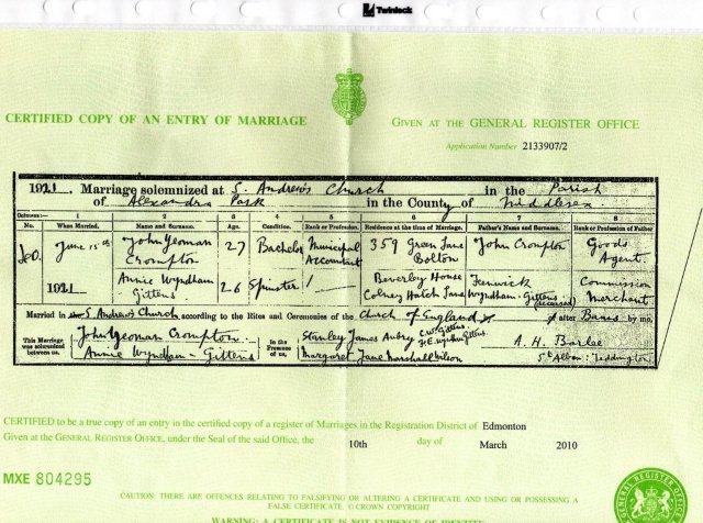 Jack and Annies wedding certificate 1921