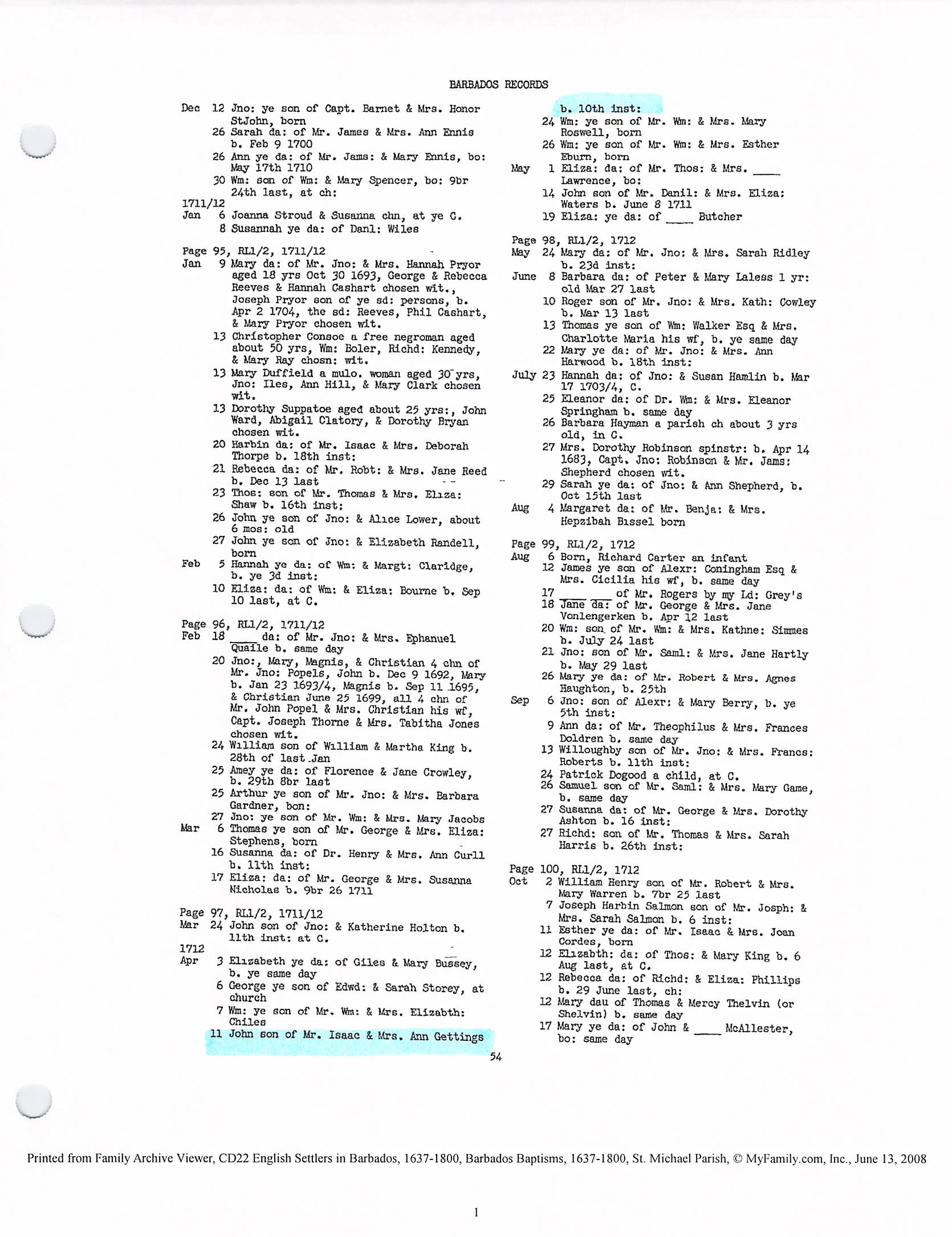 John Gettings baptism 1712