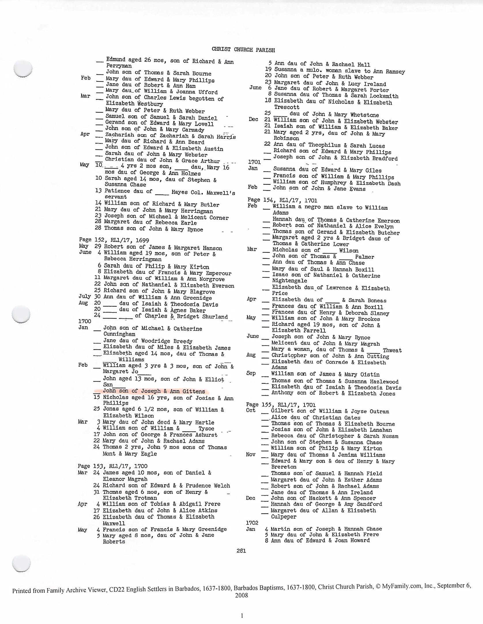 John Gittens Baptism 1700