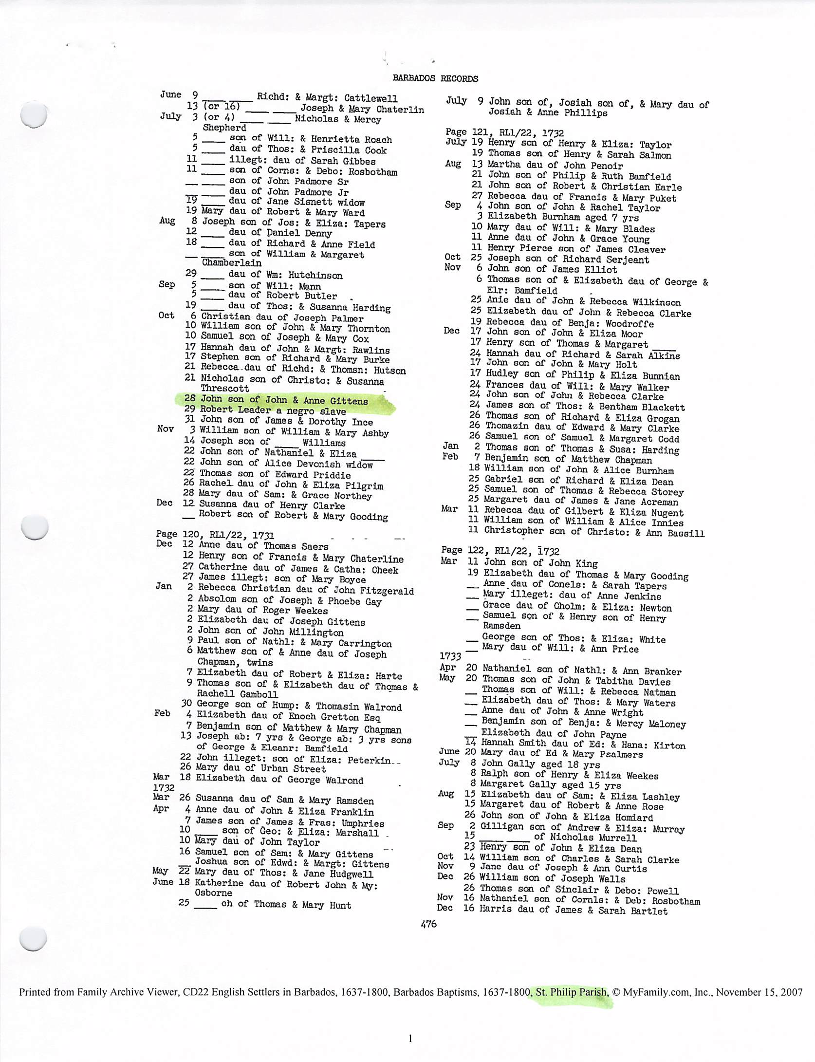 John Gittens baptism 1731