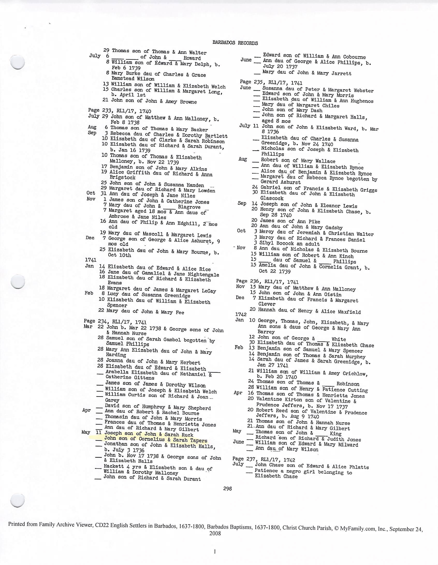 John Tapers bapitsm 1741