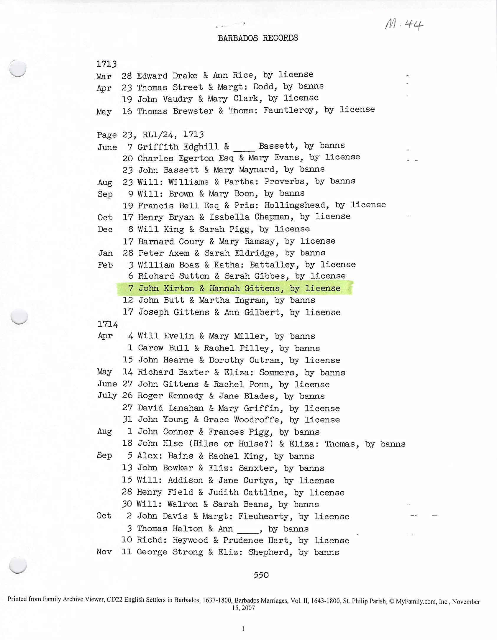 Kirton-Gittens marriage 1713