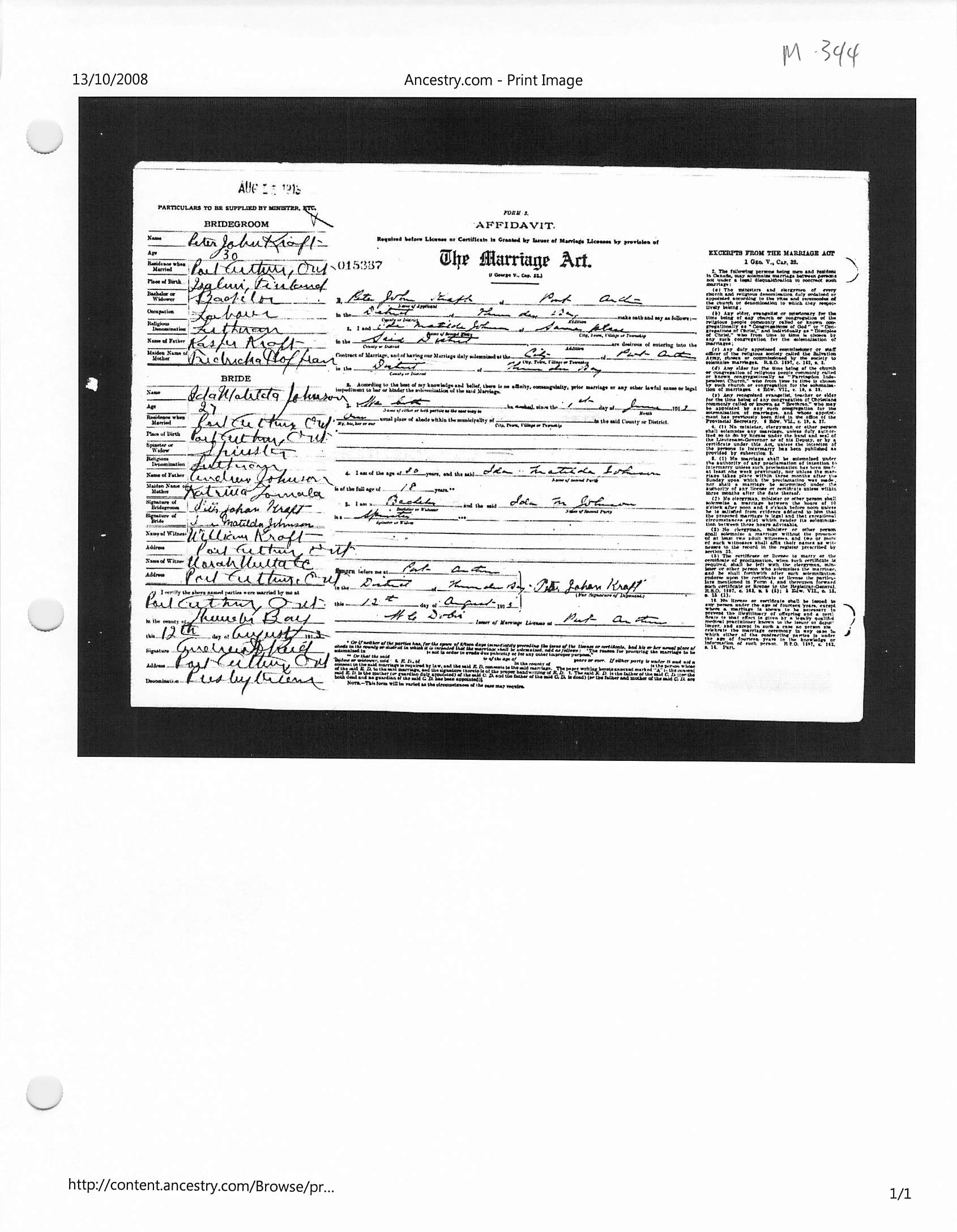 Kroft Johnson marriage certificate