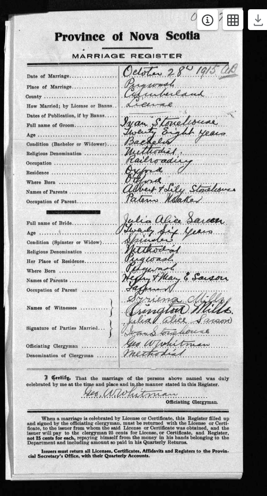 Marriage Stonehouse to Sarson