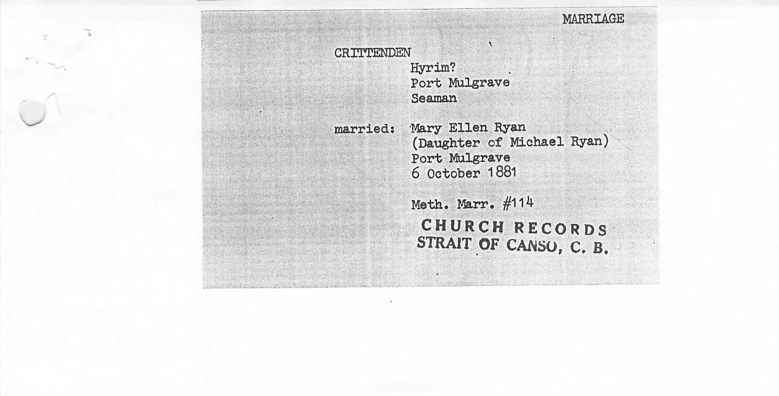 Marriage record Crittenden 1881