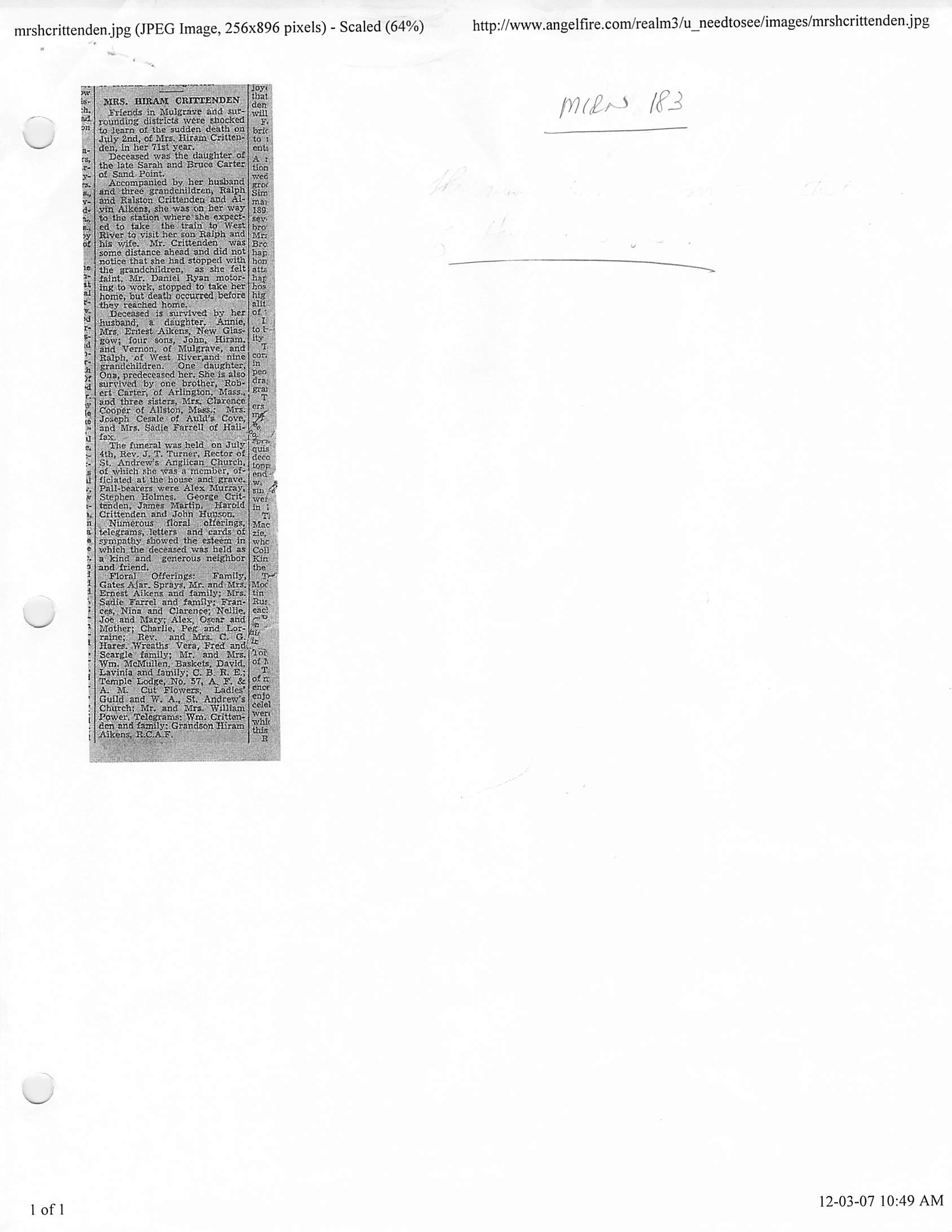 Mary (Carter) Crittenden Death Notice