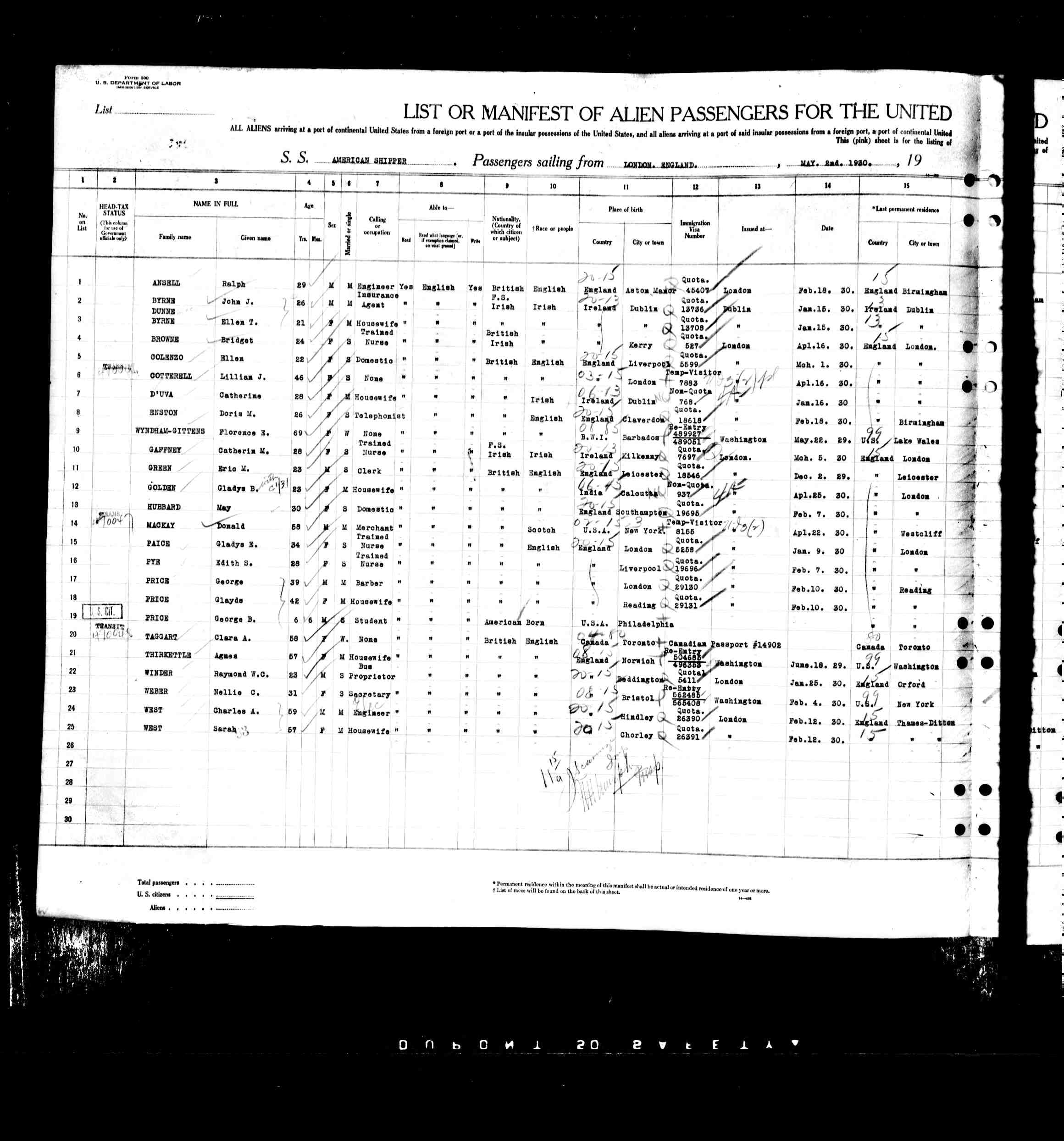 May 13, 1930 Travel Passenger List.