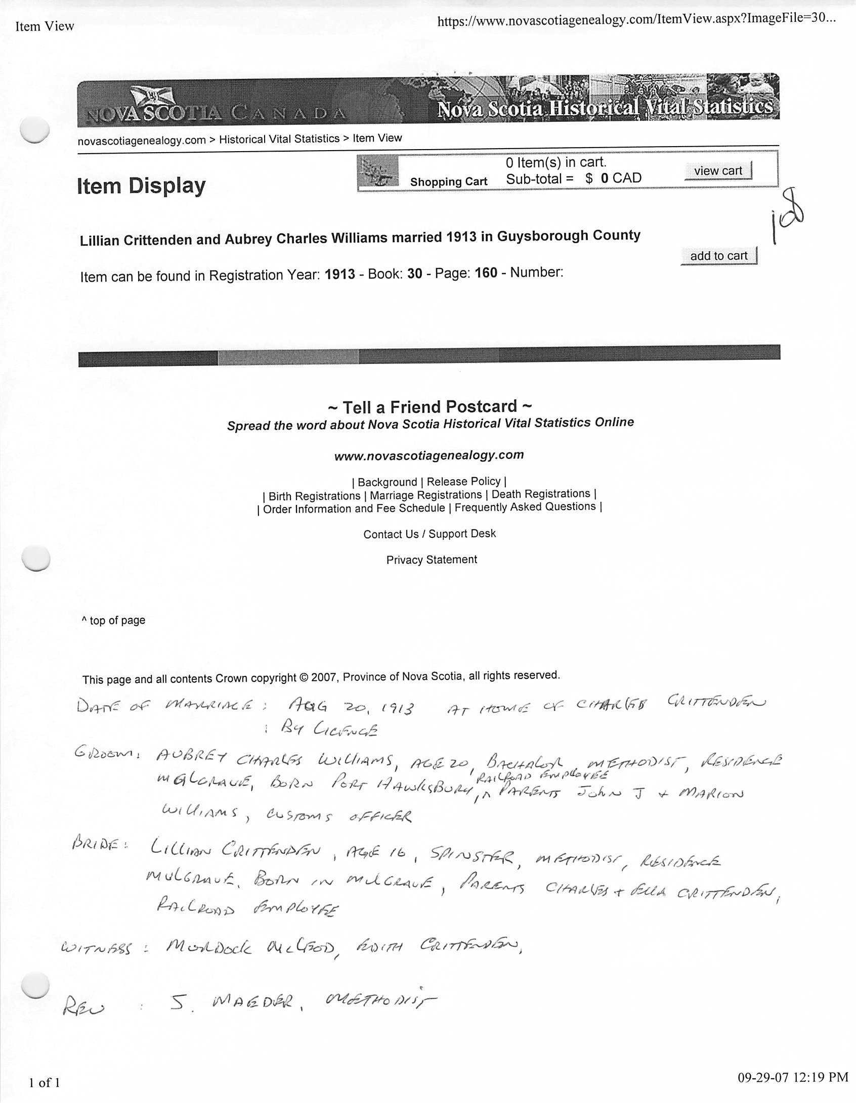 Notes from Marriage record