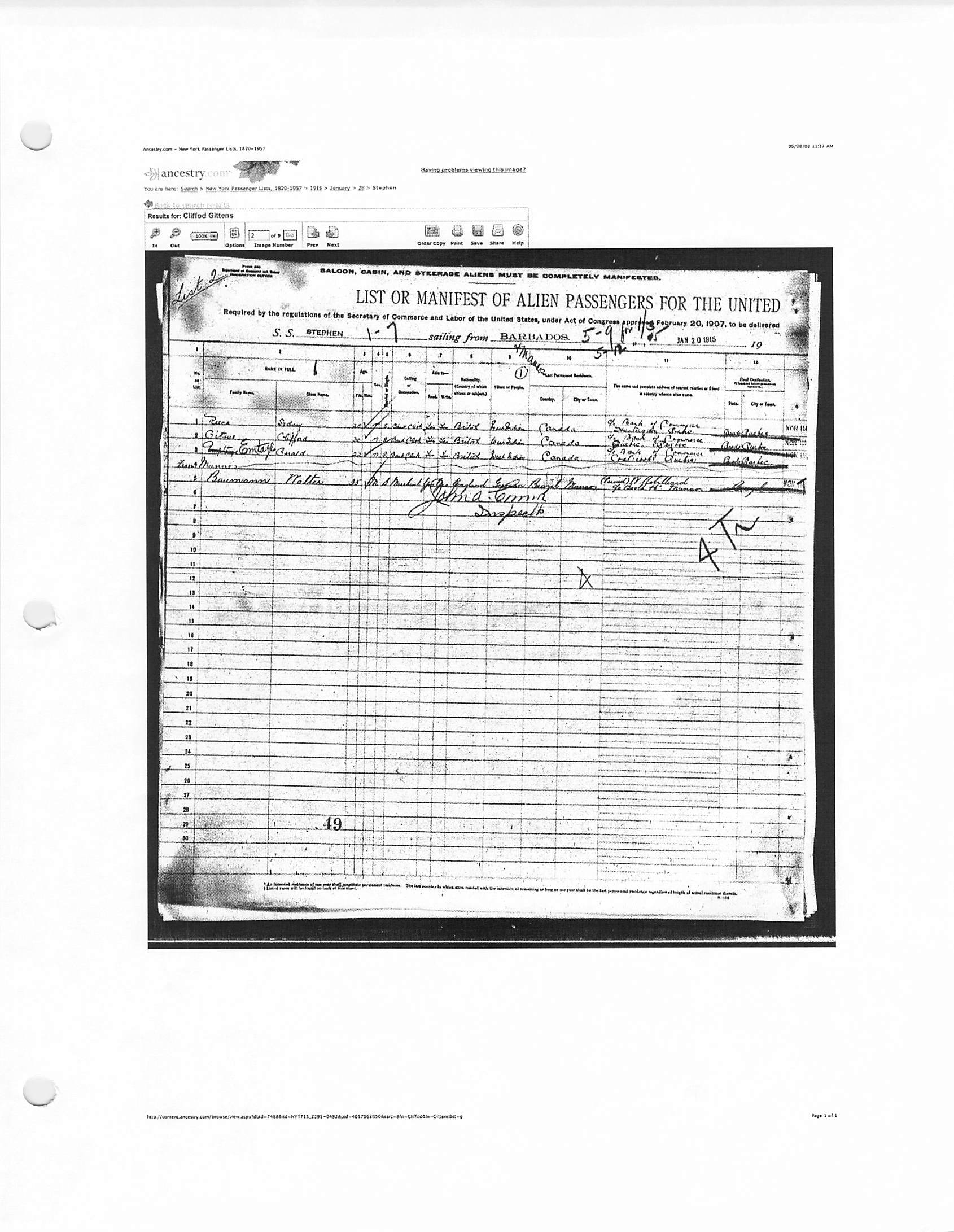 Passenger List Jan 20 1915