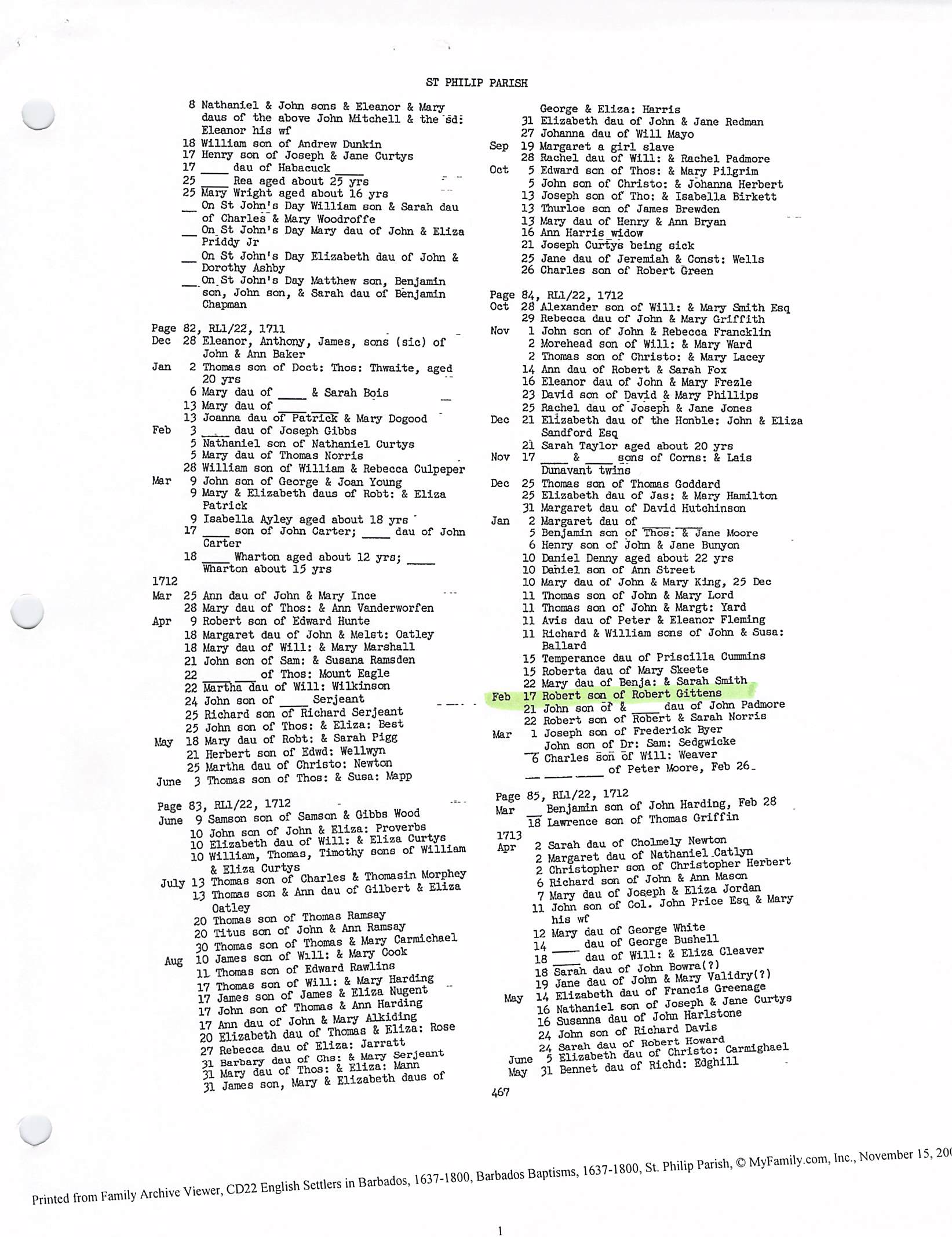 Robert Gittens baptism 1712