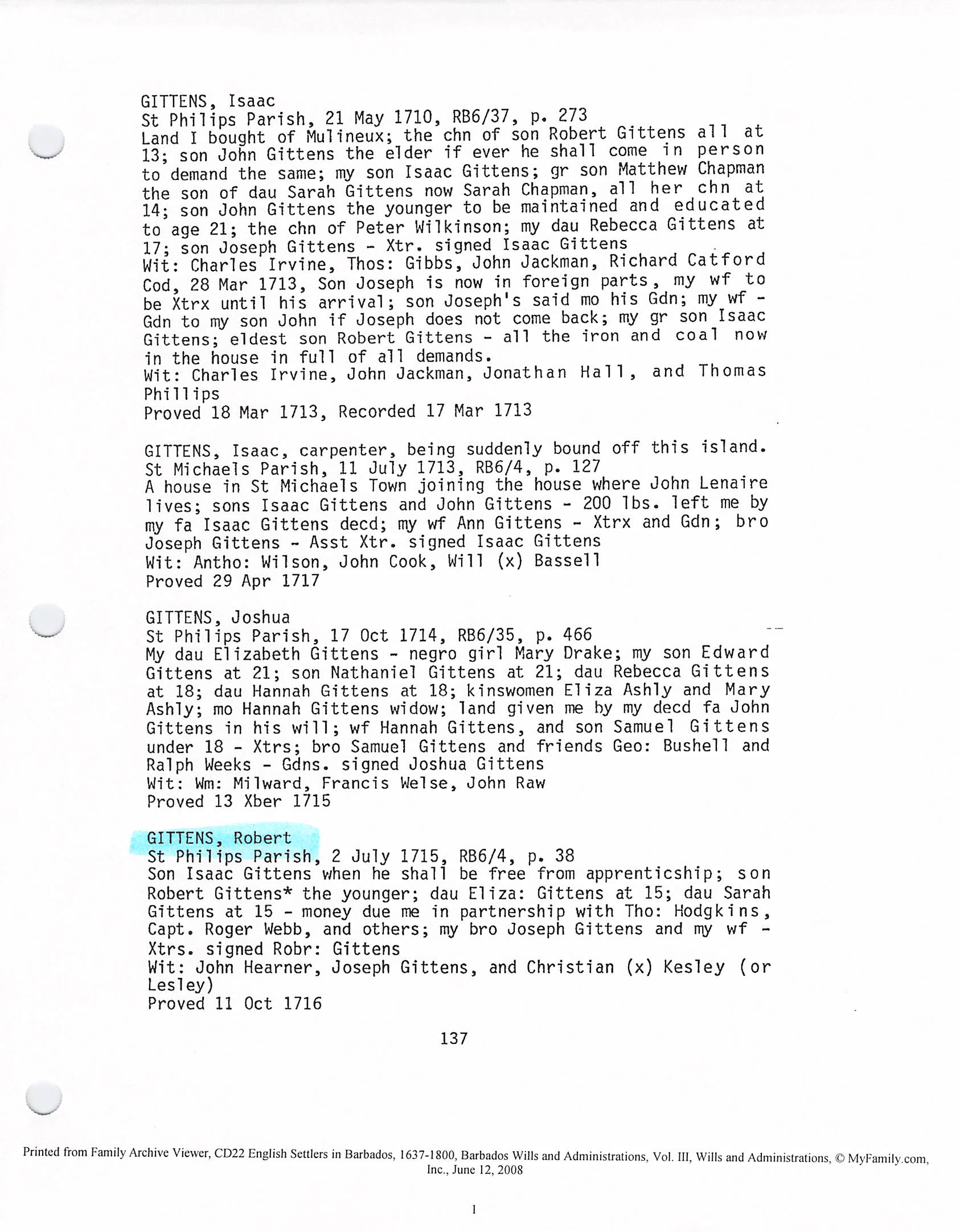 Robert Gittens will 1715