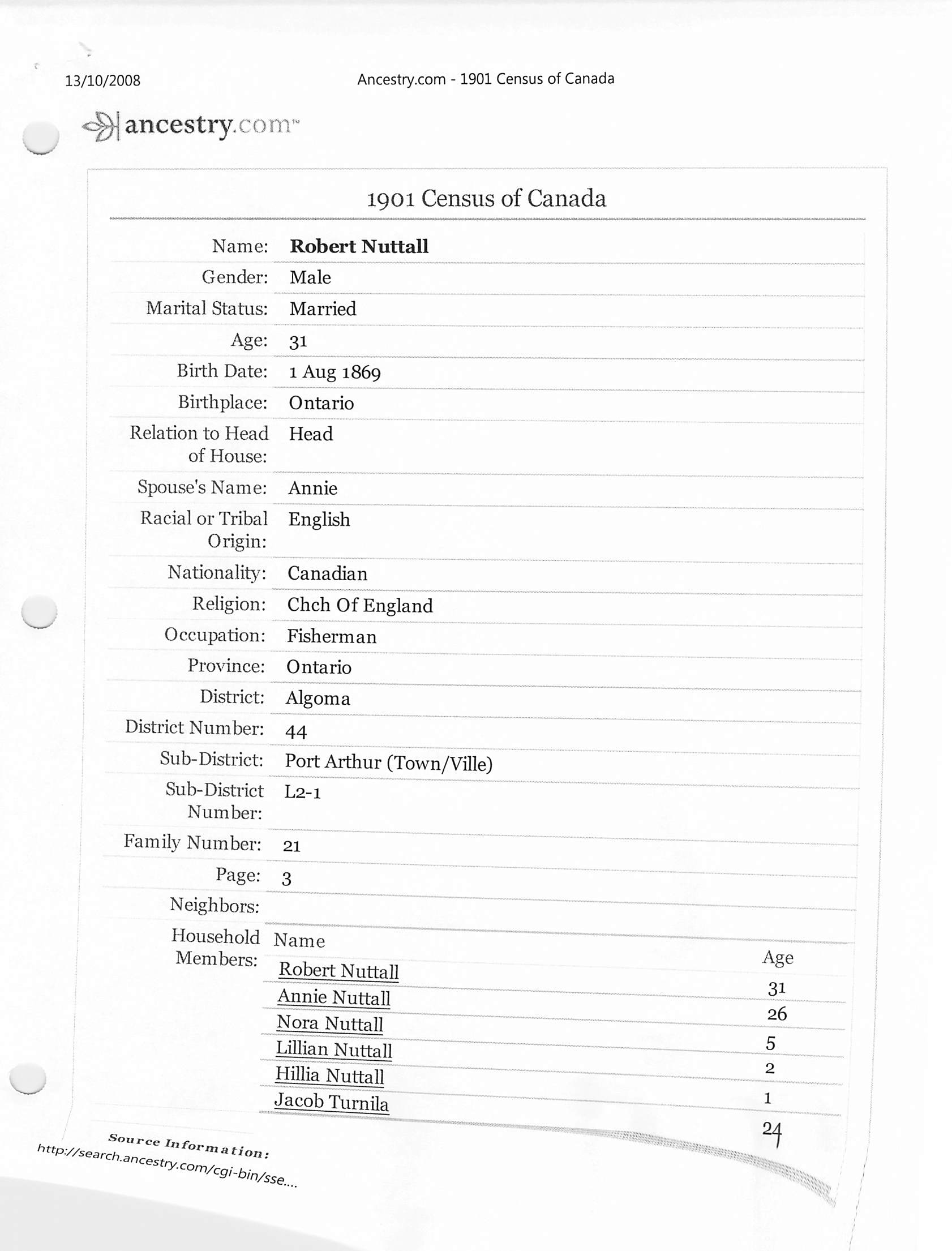 Robert Nuttall family 1901 Census