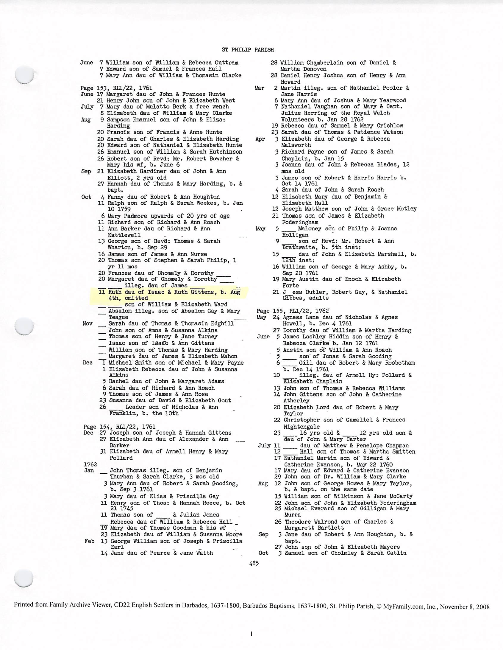 Ruth Gittens baptism 1761