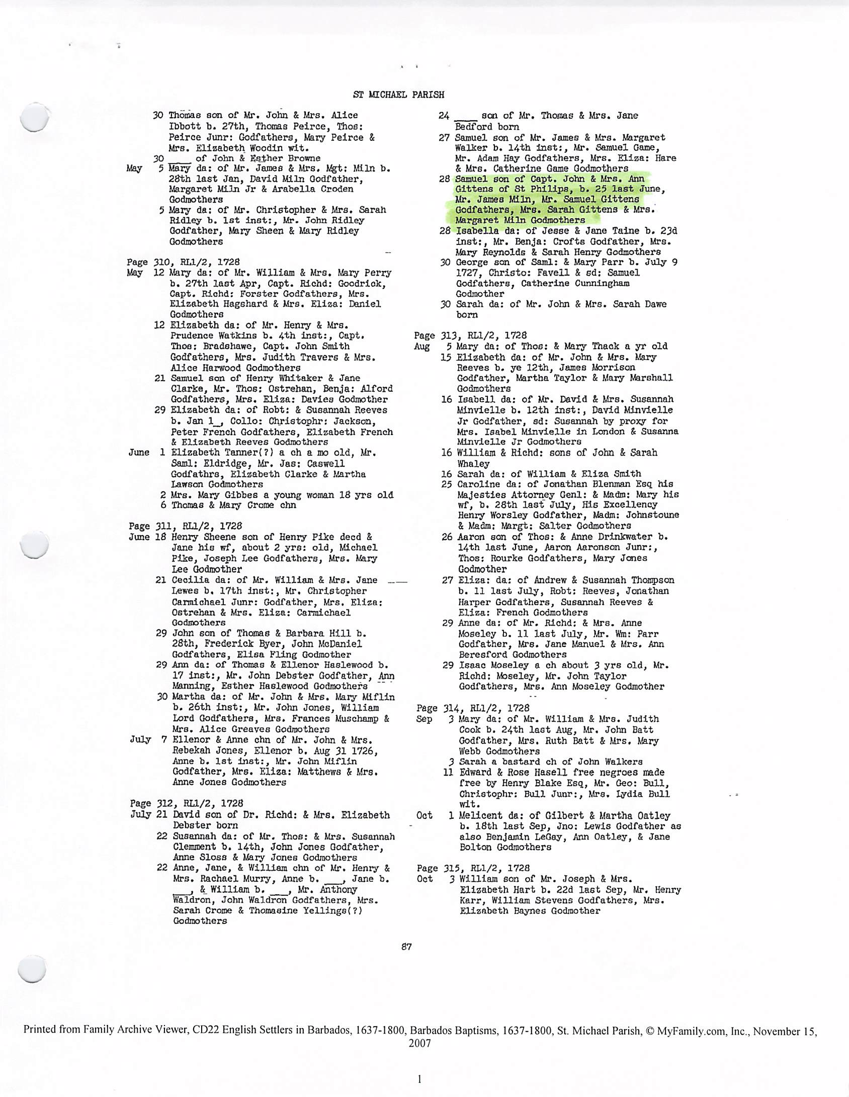 Samuel Gittens baptism 1728