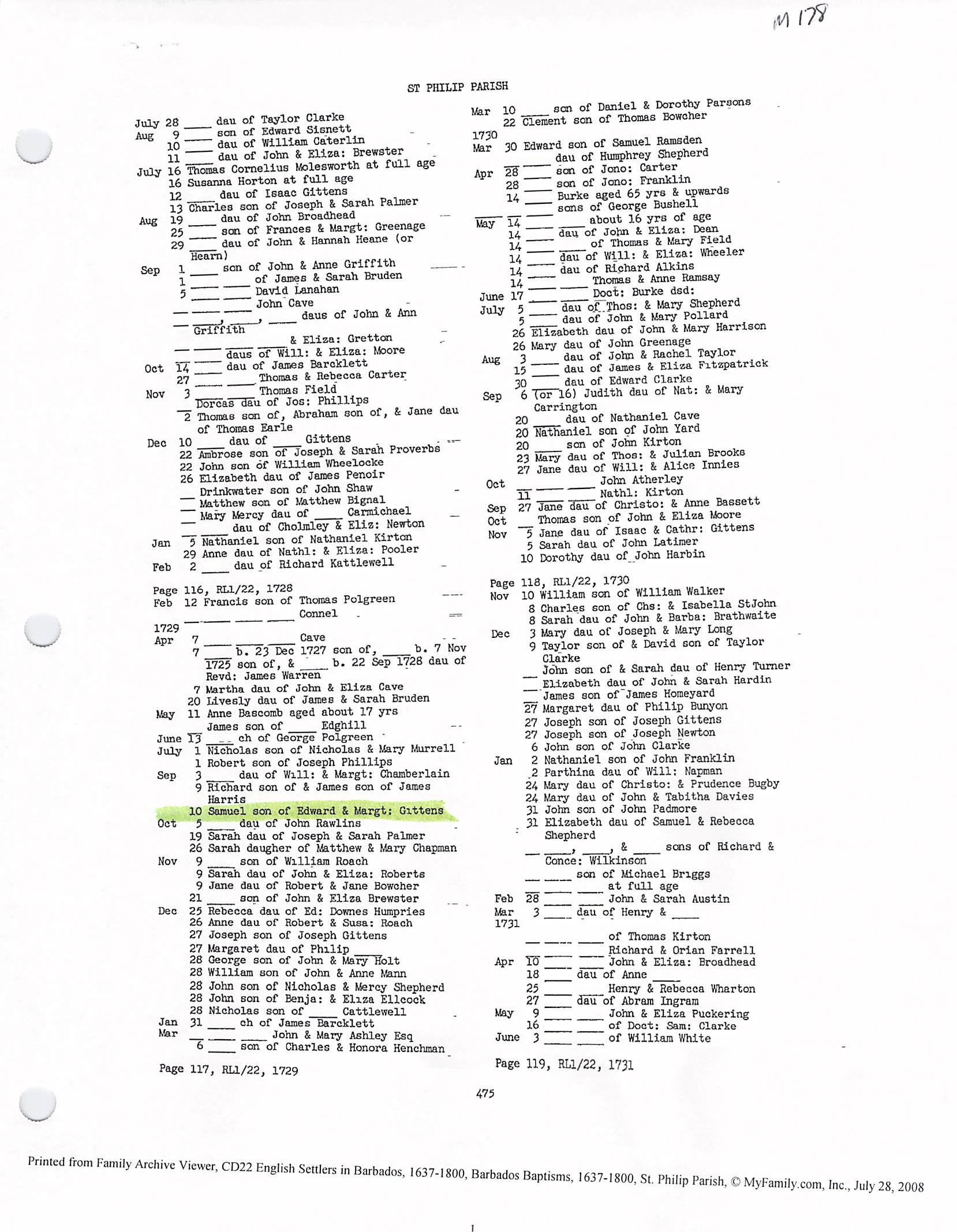 Samuel Gittens baptism 1729