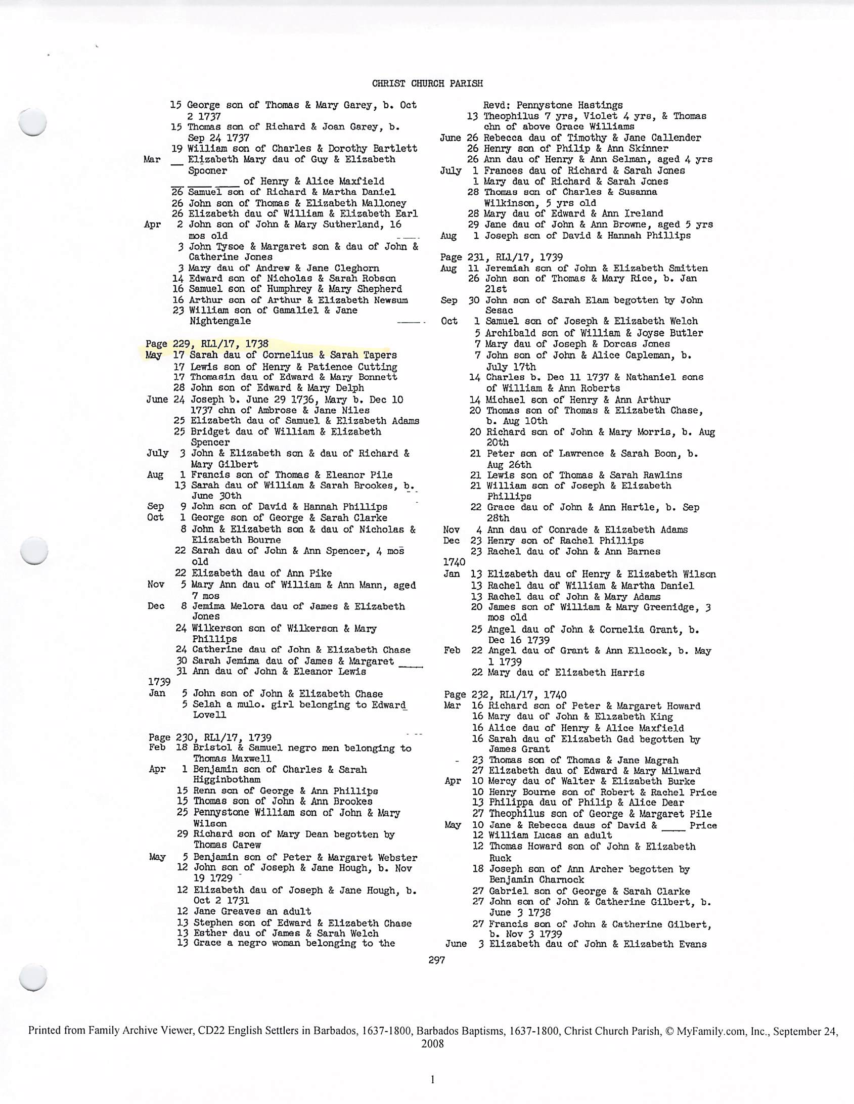 Sarah Tapers baptism 1738