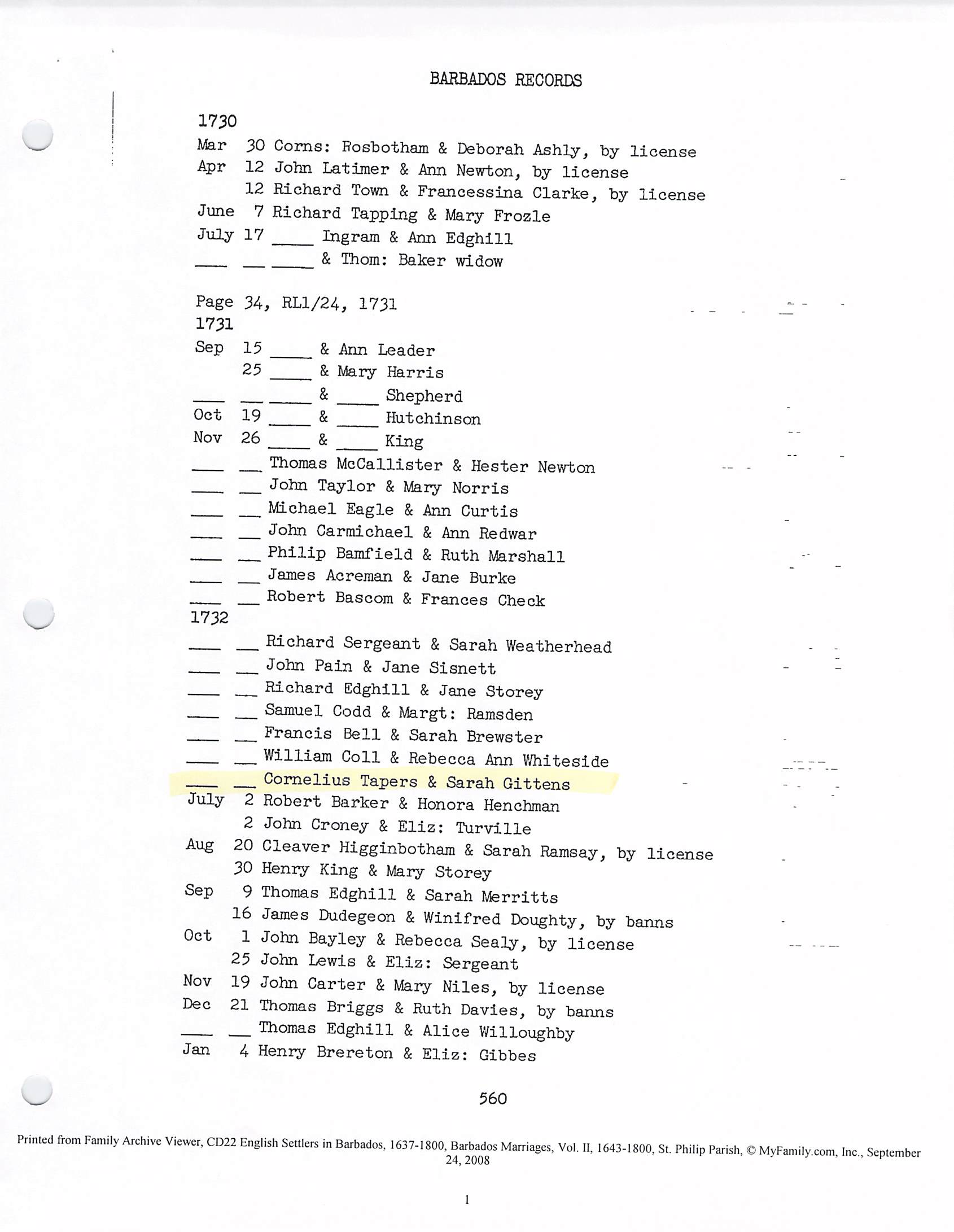 Tapers-Gittens marriage 1732