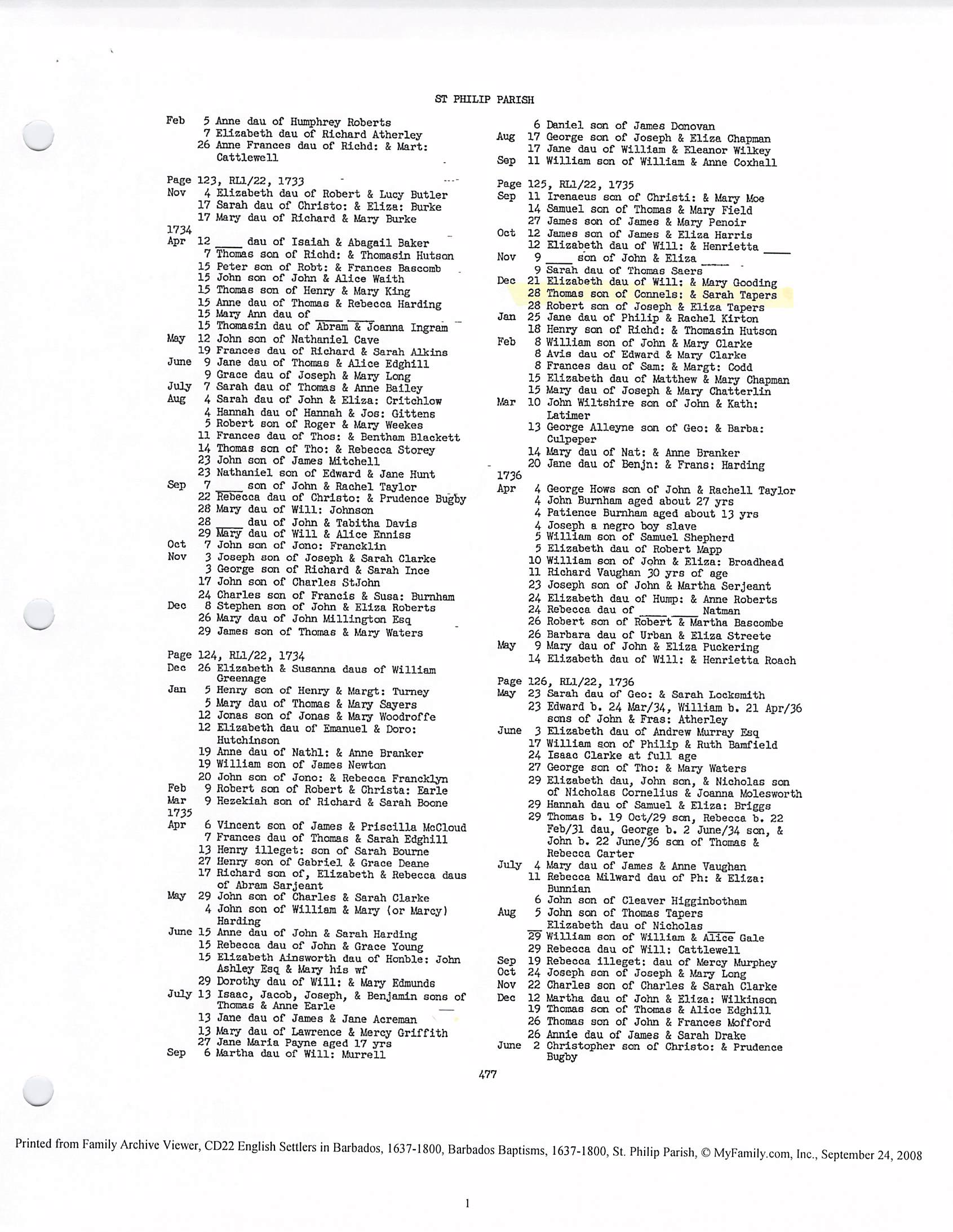 Thomas tapers baptism 1735