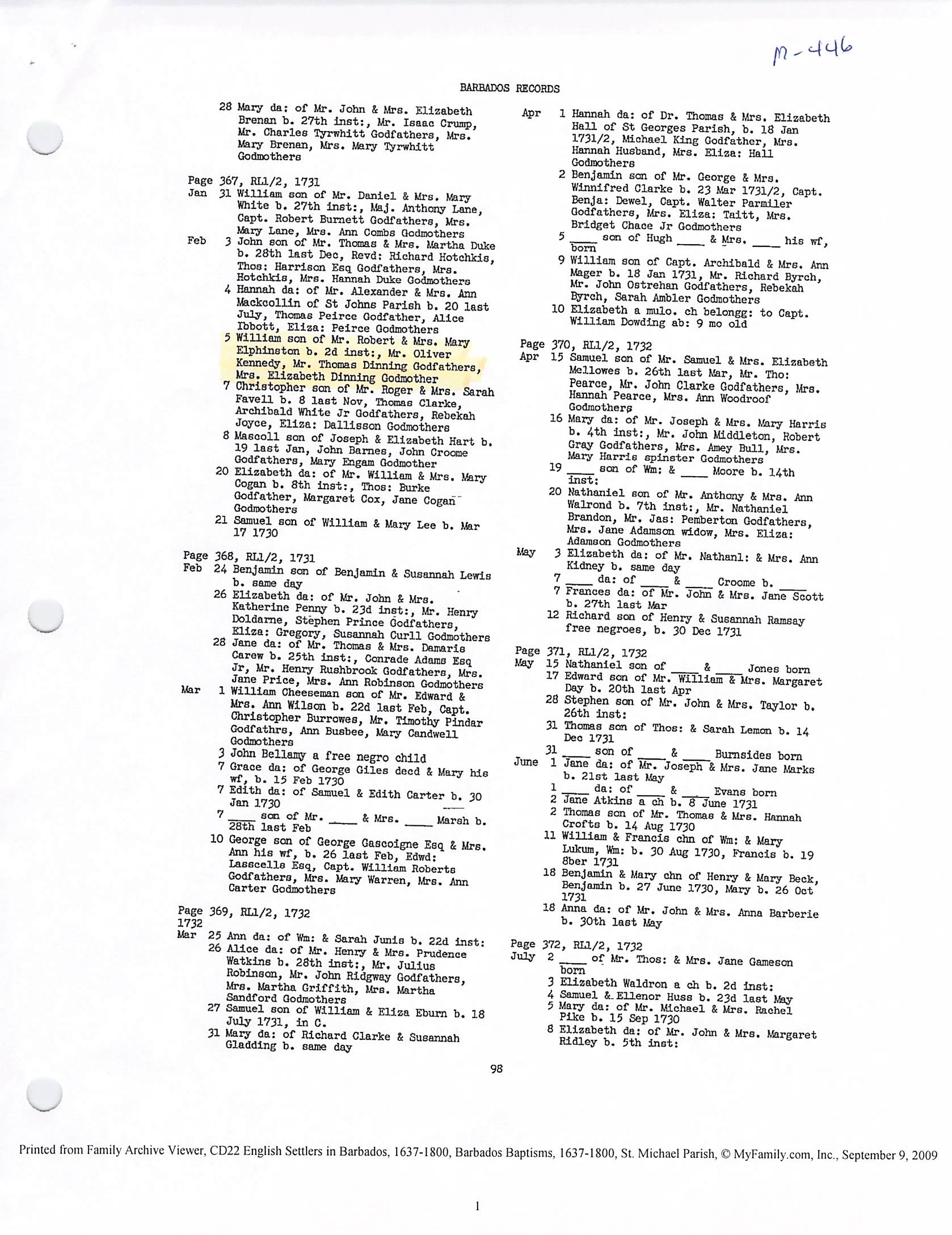 Willliam Elphinston Baptism 1731
