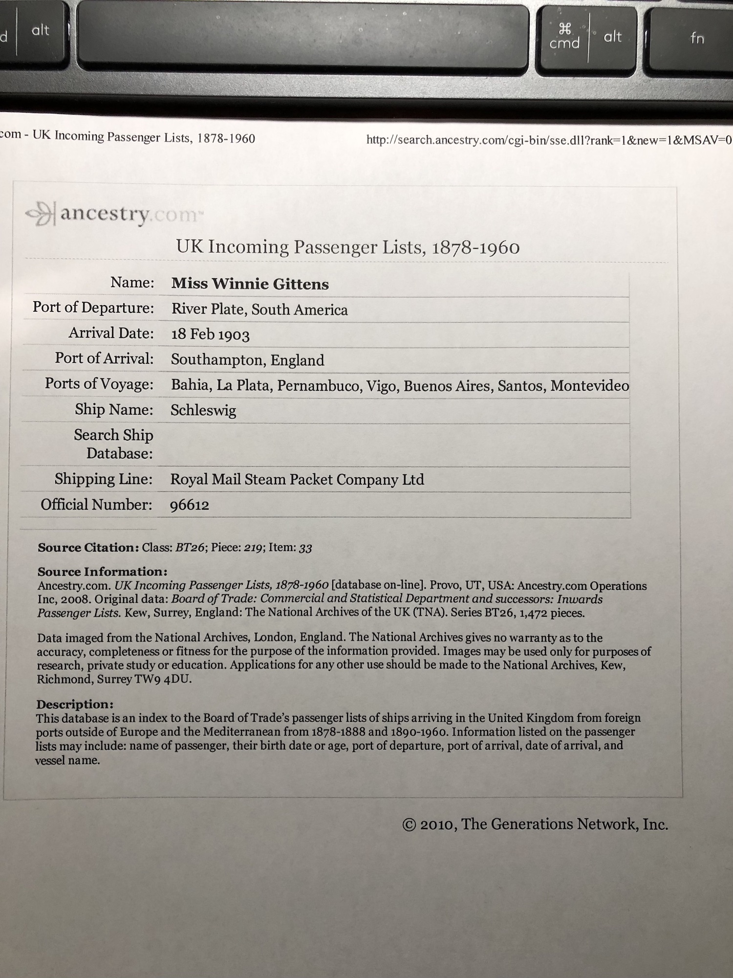 Winnie Gittens passenger List