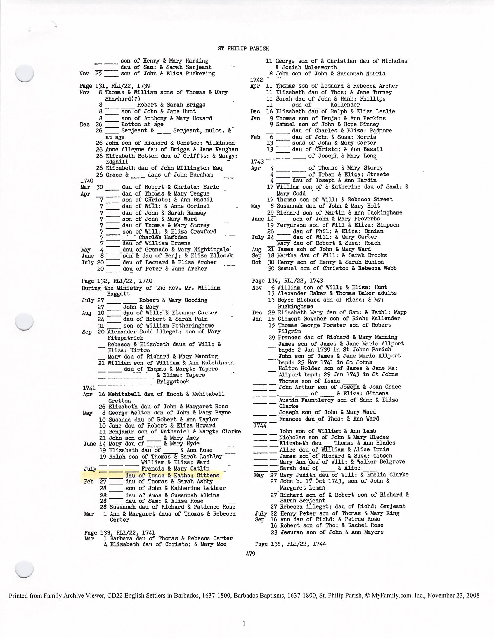 daughter of Isaac Gittens 1741